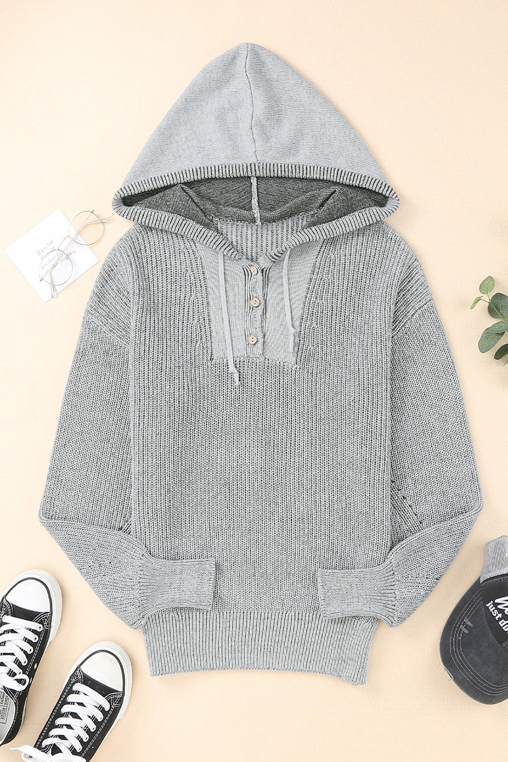 Pull à capuche gris Henley à col en V