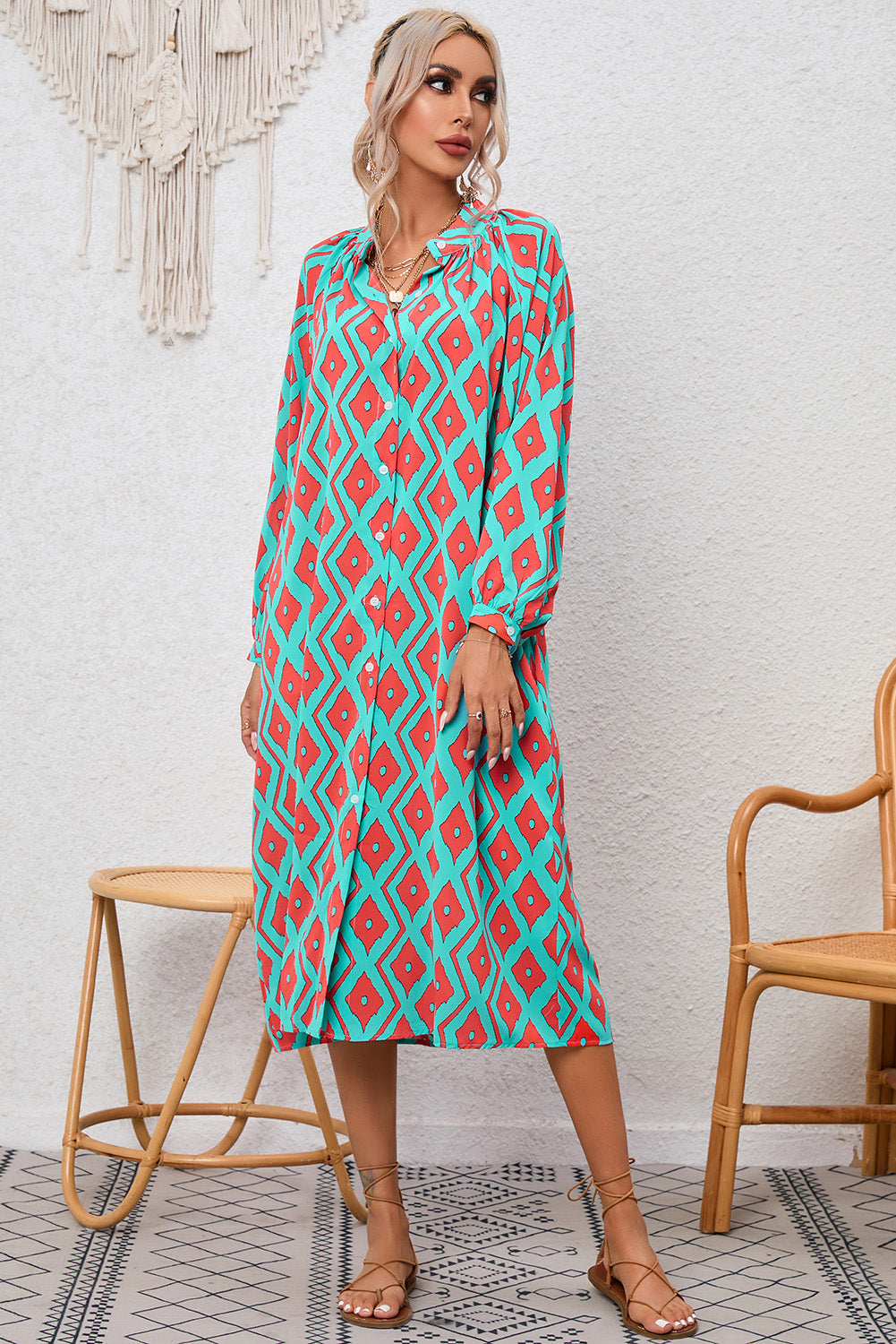 Western Geometric Print Split Buttoned Shirt Dress