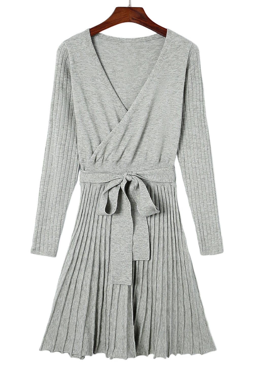 Belted V Neck Ribbed Pleated Sweater Dress