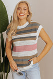 Pink Stripe Color Block Eyelet Knit Short Sleeve Sweater Tee