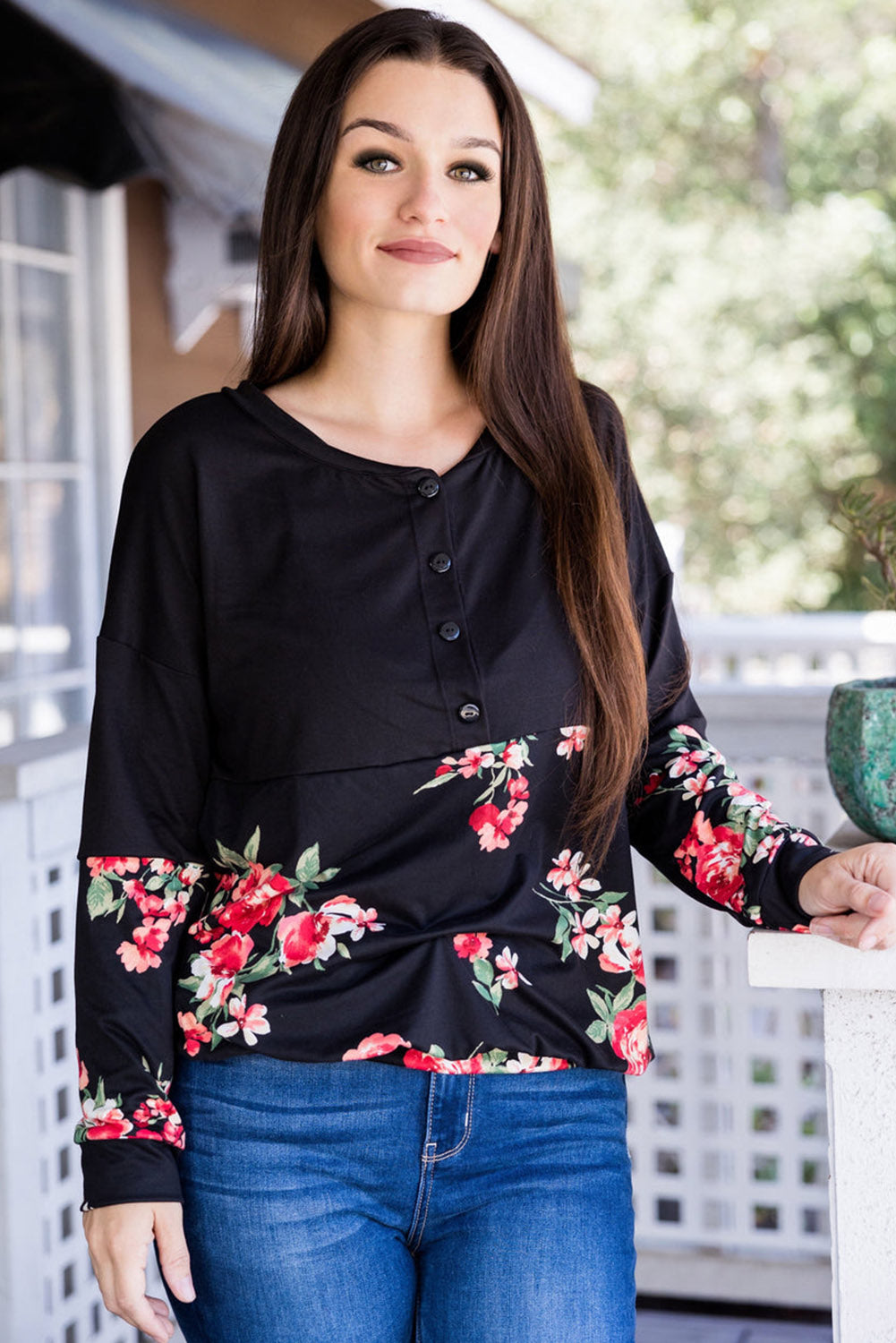 Plus Size Floral Printed Splicing Half Button Top