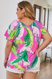 Tropical Leaf Print Plus Size V Neck Blouse