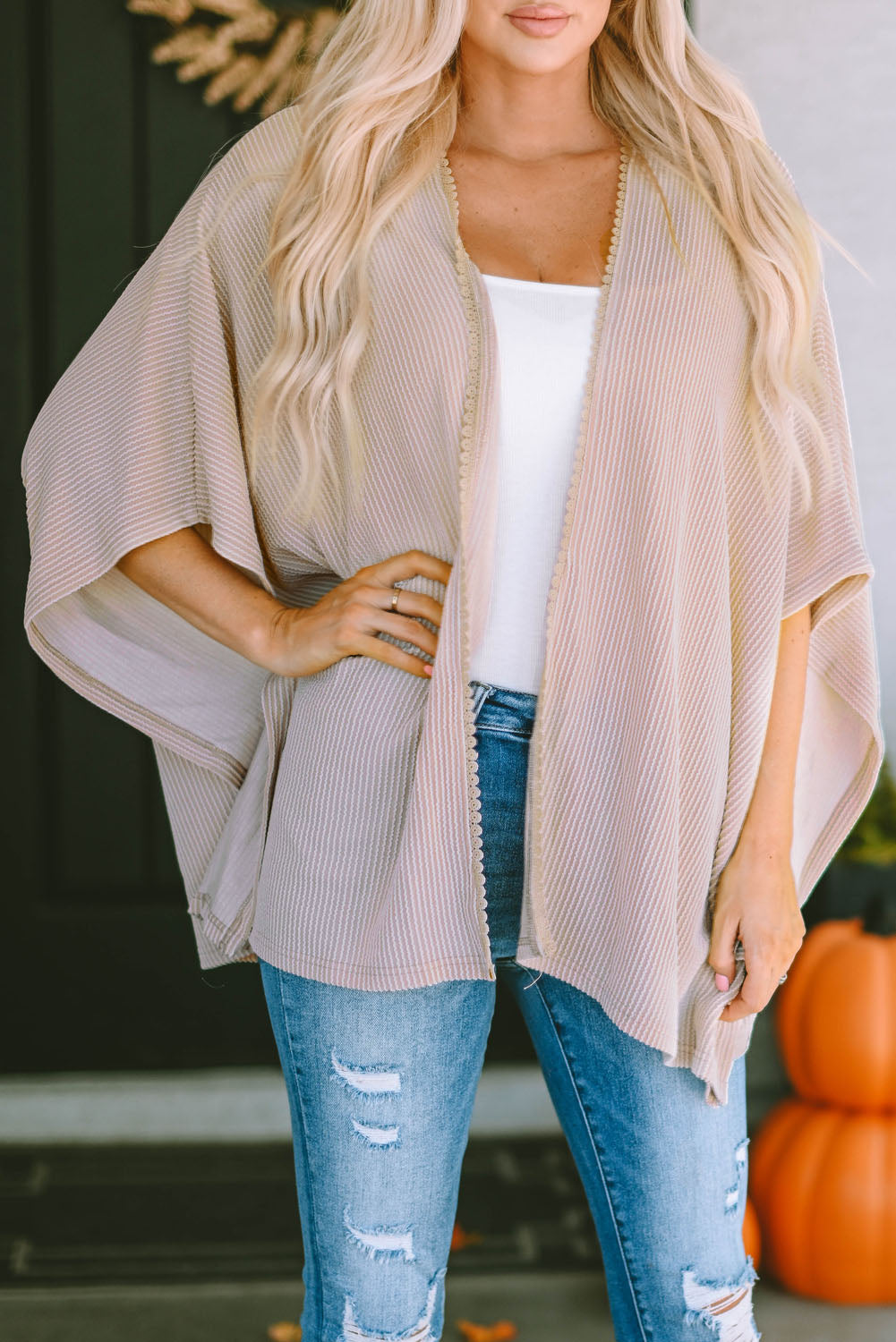 Lace Trim Ribbed Oversize Kimono