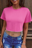 Rhinestone Fringe Short Sleeve Crop Top