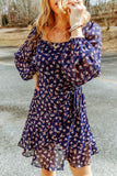 Floral Print Smocked Square Neck Bubble Sleeve Dress