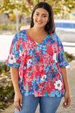 Chemisier Floral Bleu Ciel à Col en V et Manches Dolman Grande Taille