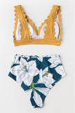 Solid V-Neck Scalloped Floral Bikini