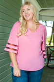 Plus Size Mesh Striped Bell Sleeve Blouse