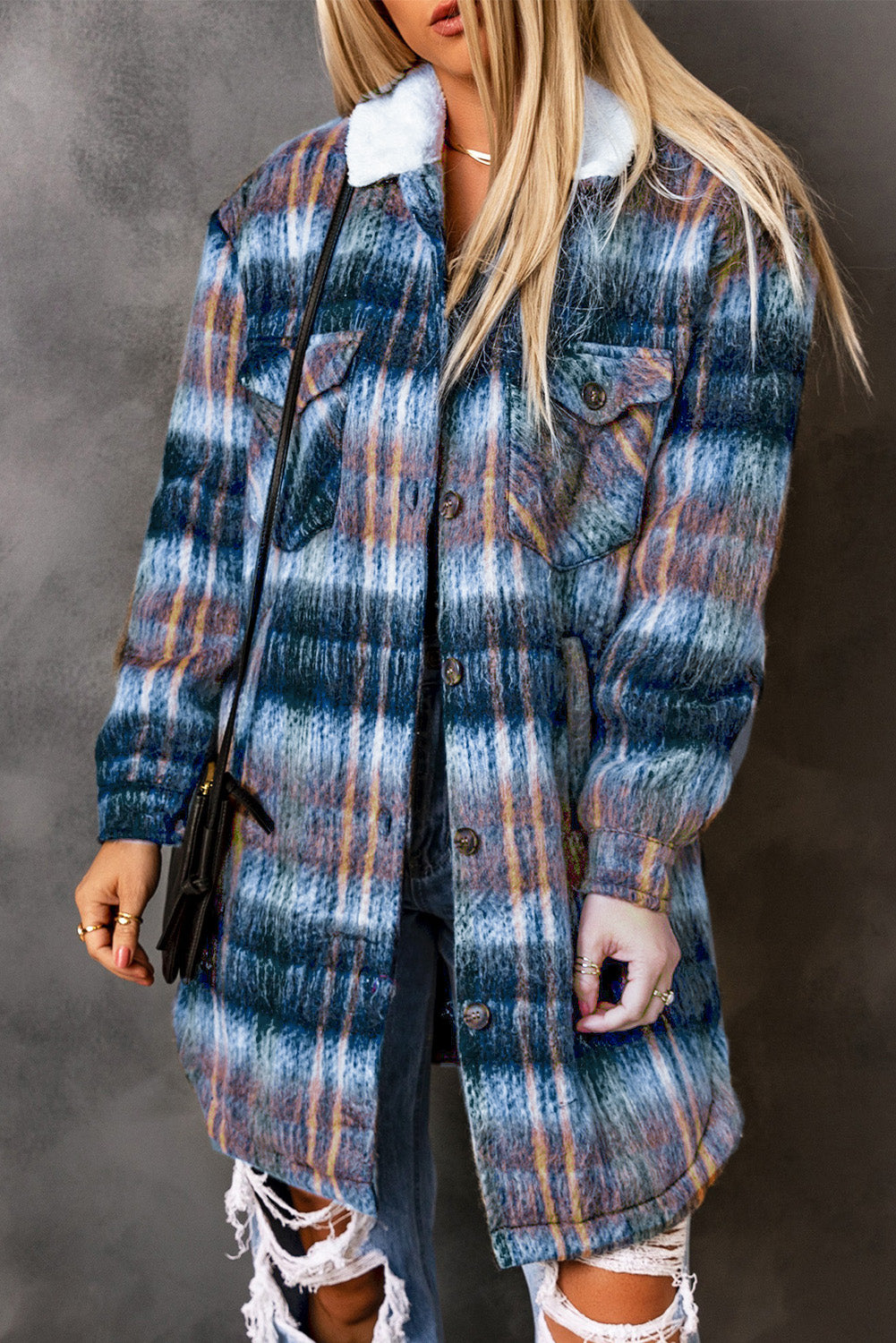 Manteau long brossé à carreaux multicolores avec doublure en laine