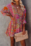 Multicolour V Neck 3/4 Sleeve Bohemian Vintage Print Mini Dress