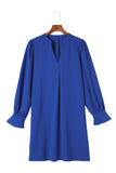 Blue Split V Neck Ruffled Sleeves Shirt Dress