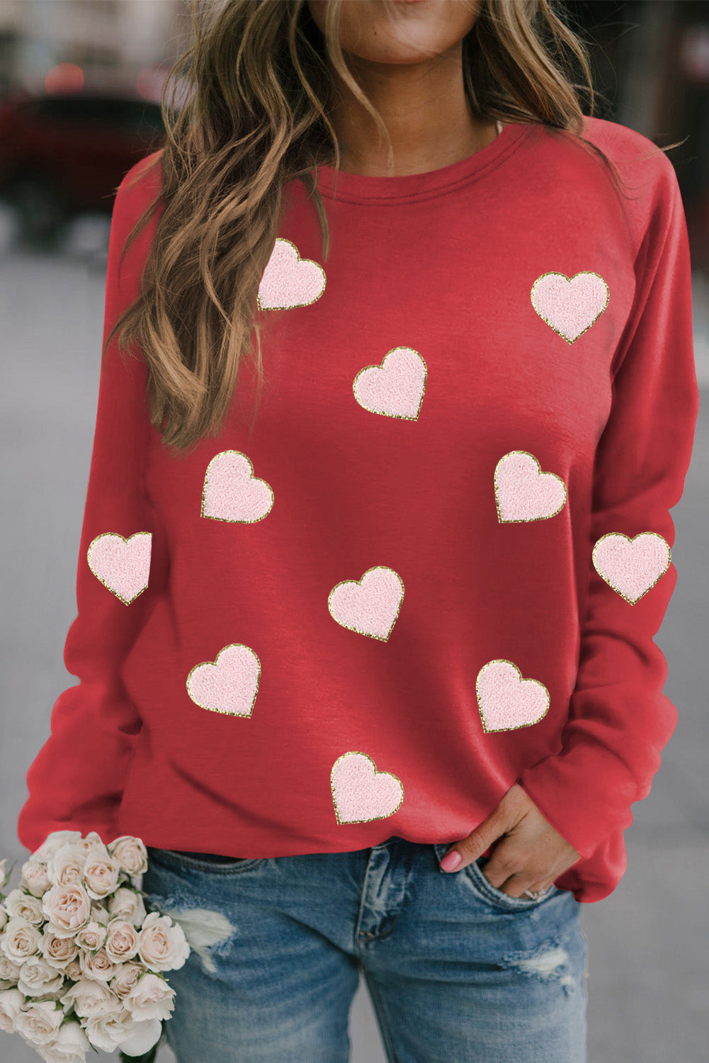 Red Solid Round Neck Raglan Sleeve Sweatshirt