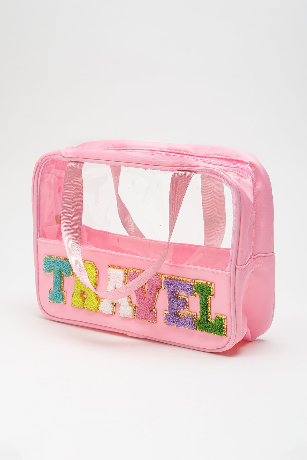 Trousse de maquillage en PVC transparent avec lettre chenille TRAVEL rose clair