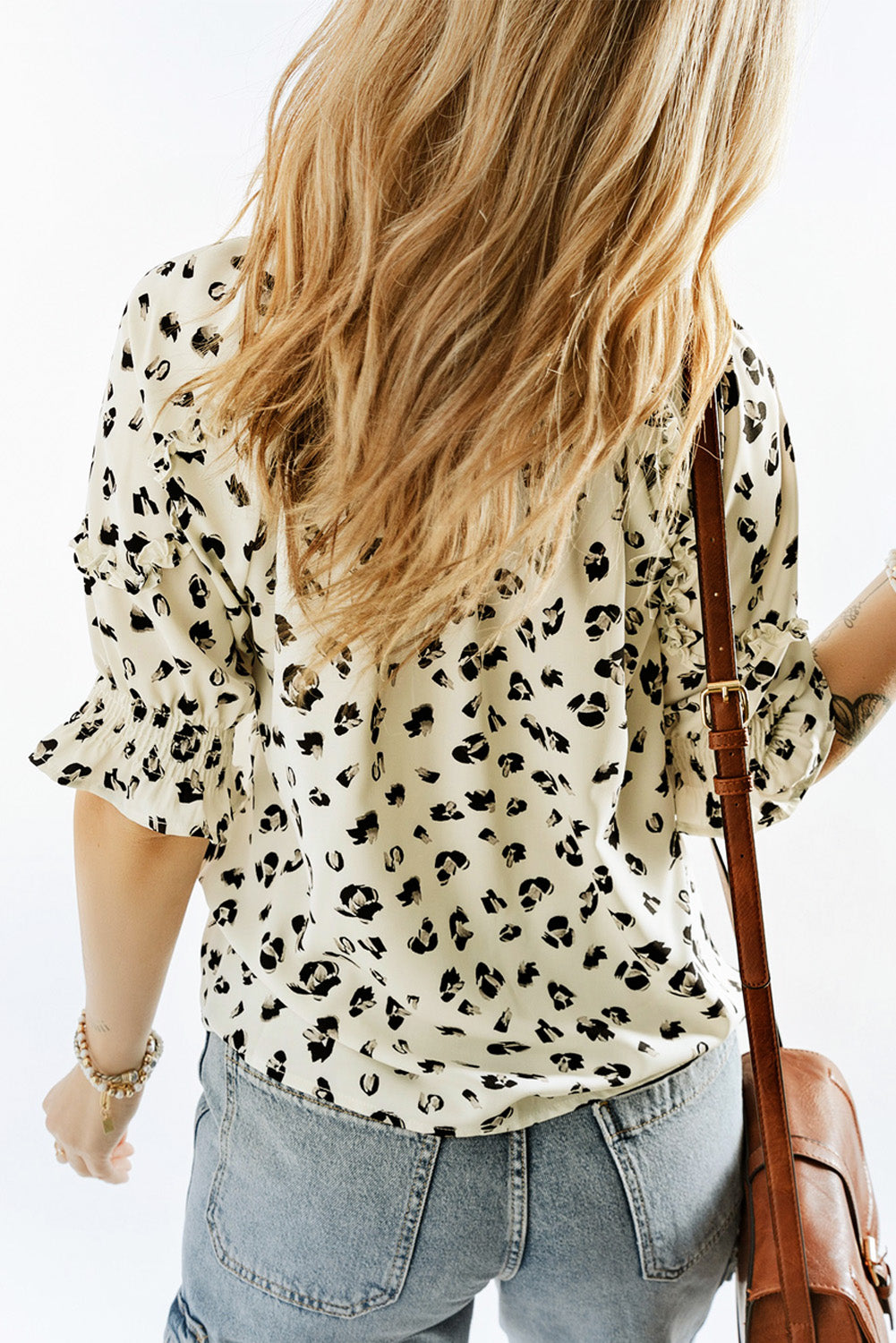 Leopard Print Frilled Half Sleeve Blouse with Tassel Tie