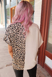 Leopard Color Block Roll Tab Sleeve V Neck Top