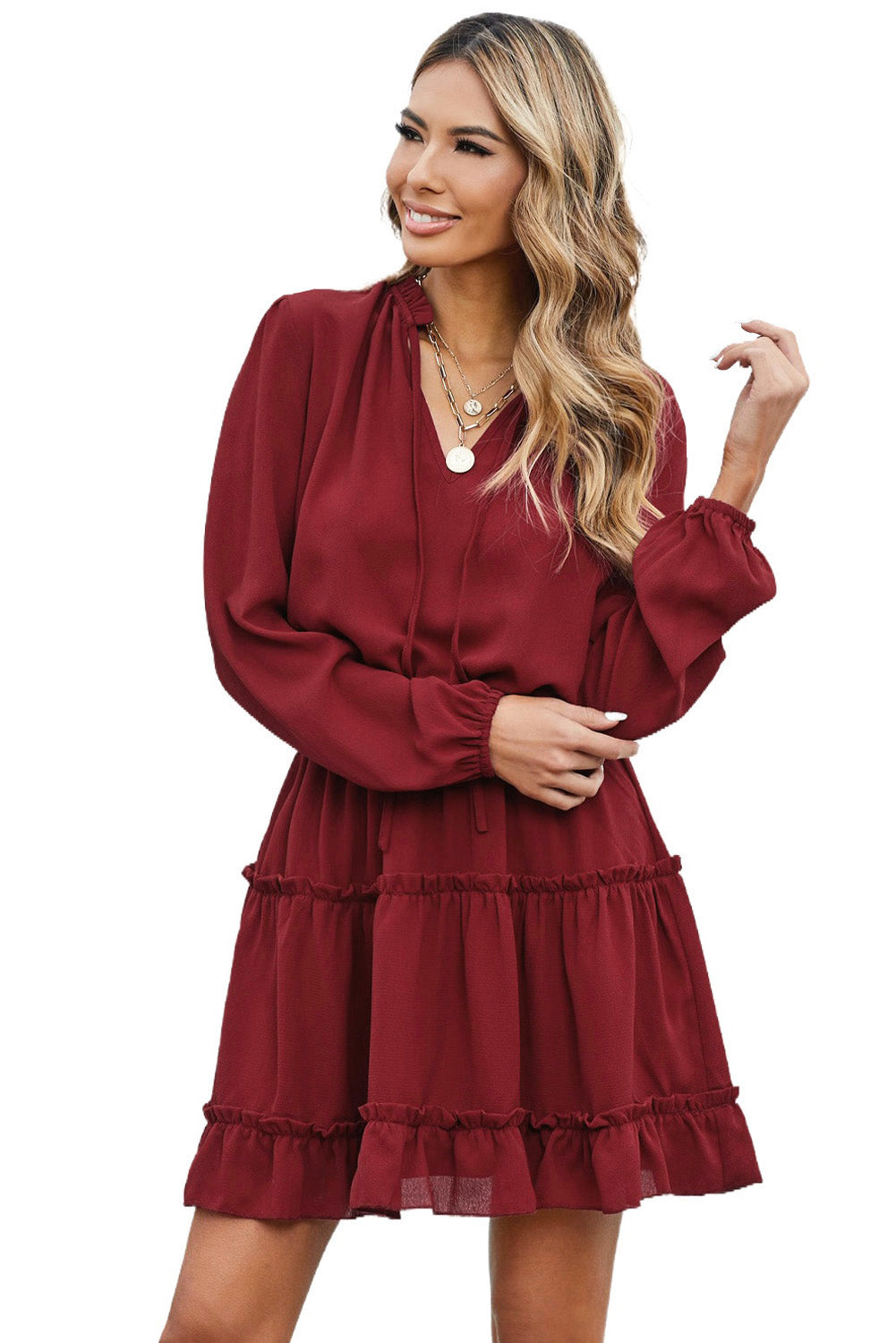 Floral Split Neck Cinched Waist Ruffle Mini Dress