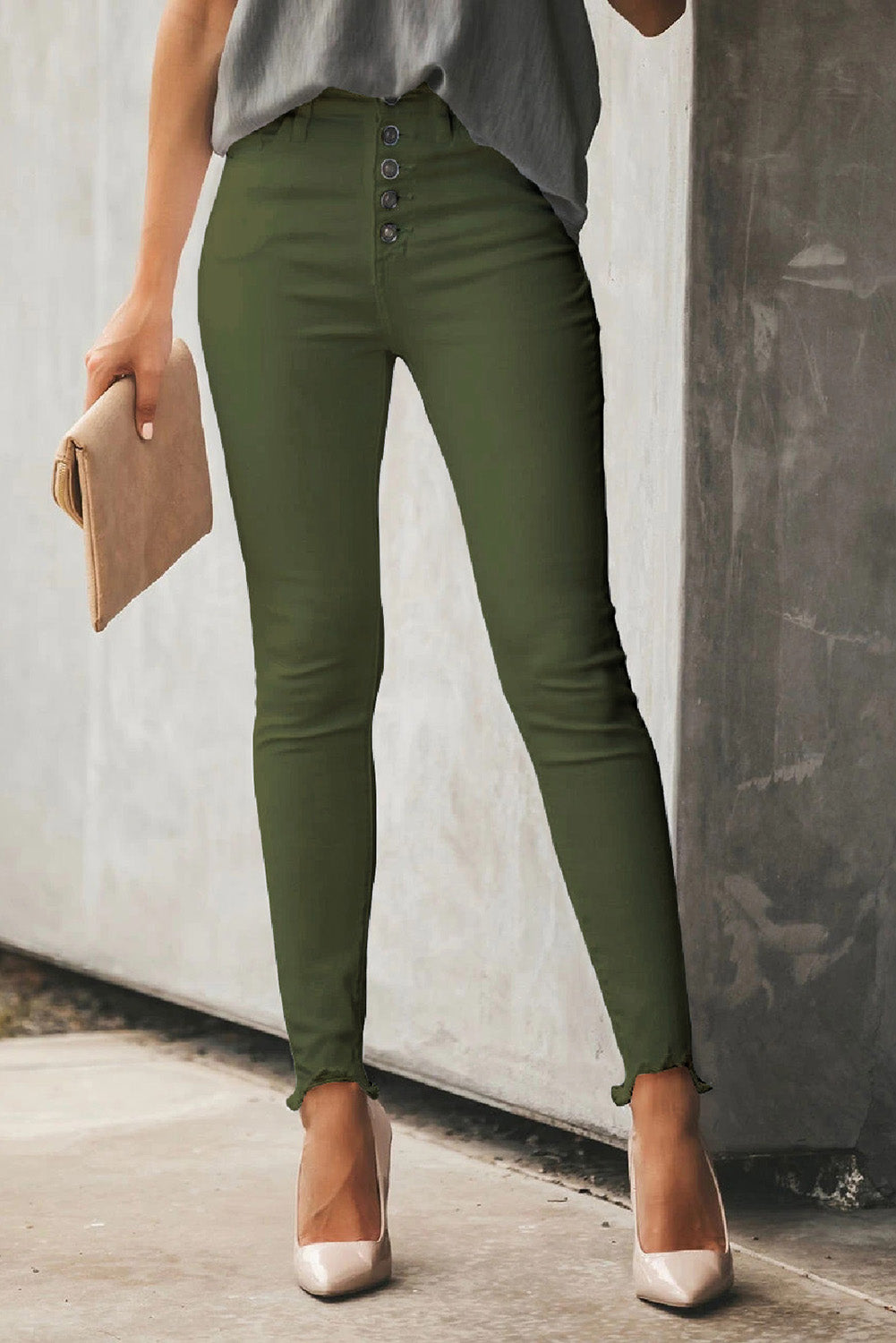 Jean en denim court uni taille haute effiloché vert