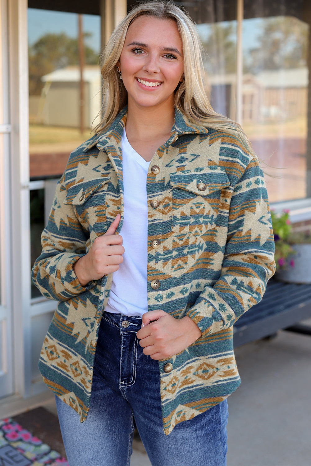 Multicolor Plus Size Flap Pockets Aztec Print Jacket