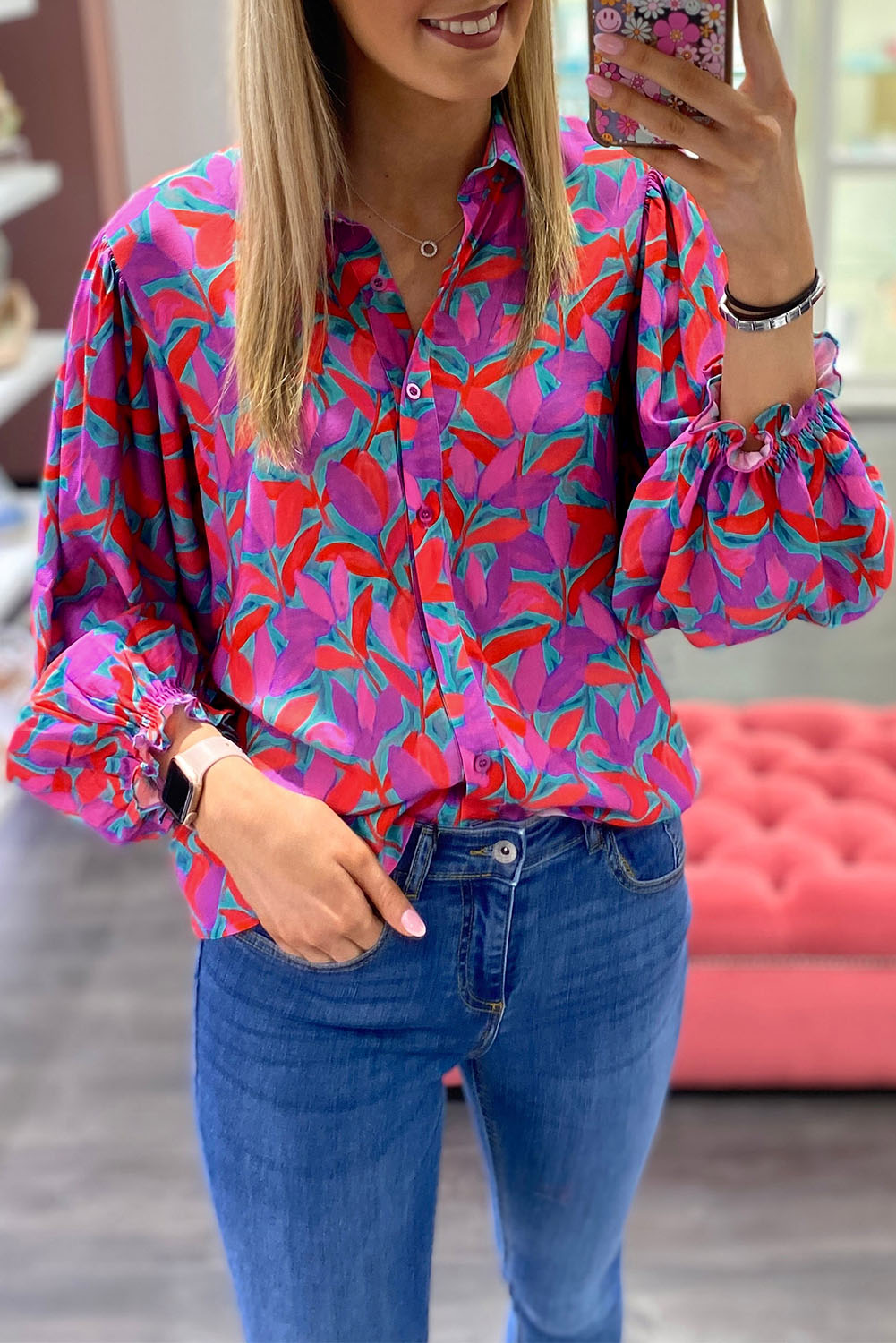 Abstract Floral Button Up Long Puff Sleeve Shirt