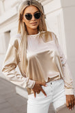 Glitter Chest Pocket Round Neck Long Sleeve Top