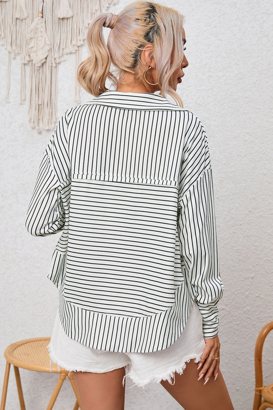 Striped Thumbhole Drop Shoulder V Neck Top