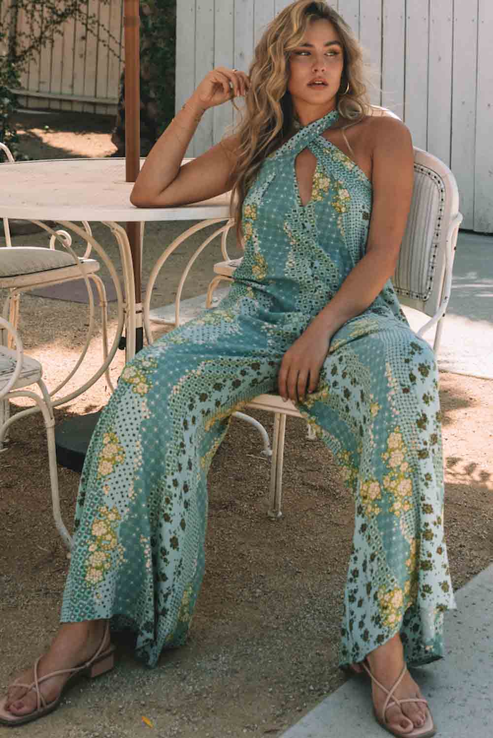 Boho Print Cut-out Halter Neck Backless Jumpsuit