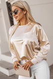 Glitter Chest Pocket Round Neck Long Sleeve Top