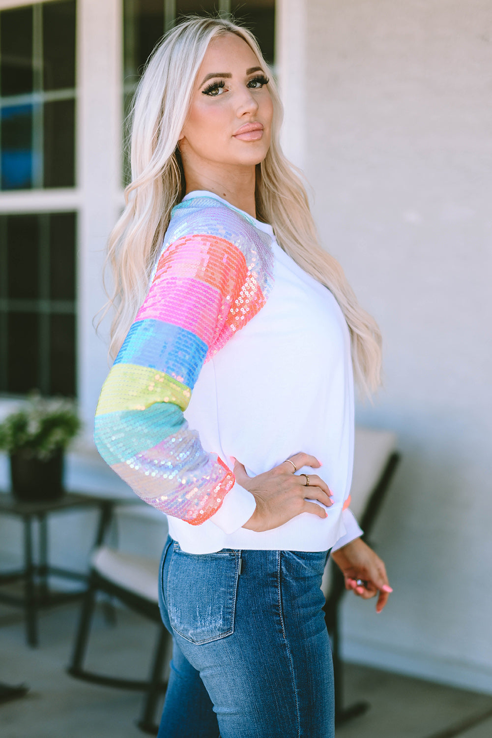 Sequin Color Block Raglan Sleeve Pullover Sweatshirt