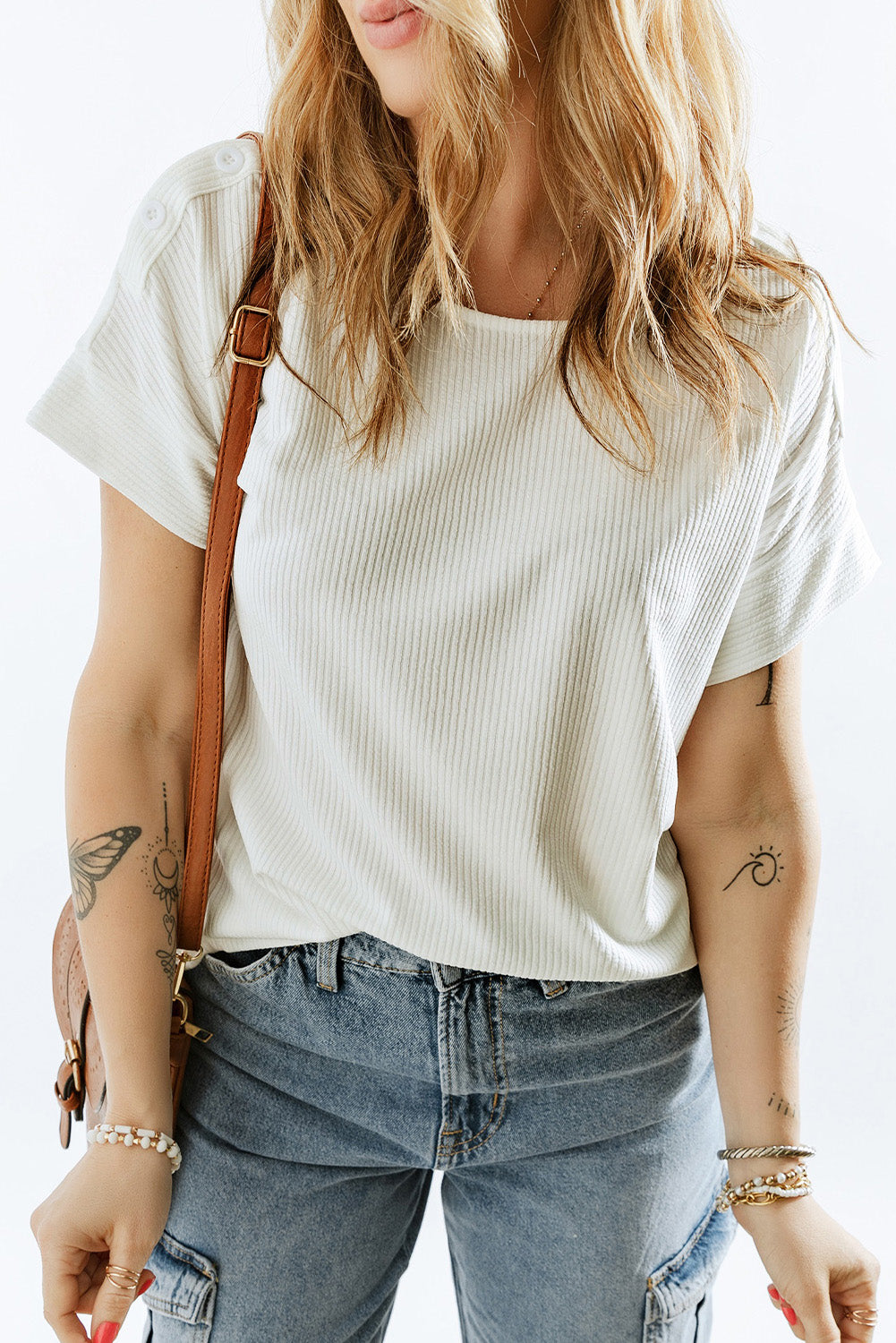 Ribbed Texture Buttoned Shoulder Top