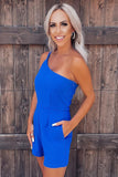 Blue One Shoulder Invisible Zip Side Pocketed Romper