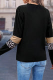 Khaki Leopard Colorblock Patchwork Crew Neck Long Sleeve Tee