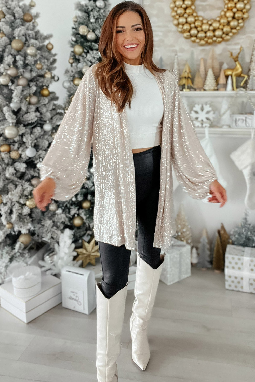 Sequin Bubble Sleeve Open Front Top