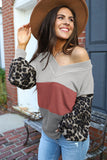 Wild Leopard Contrast Sleeve Colorblock Waffle Knit Top