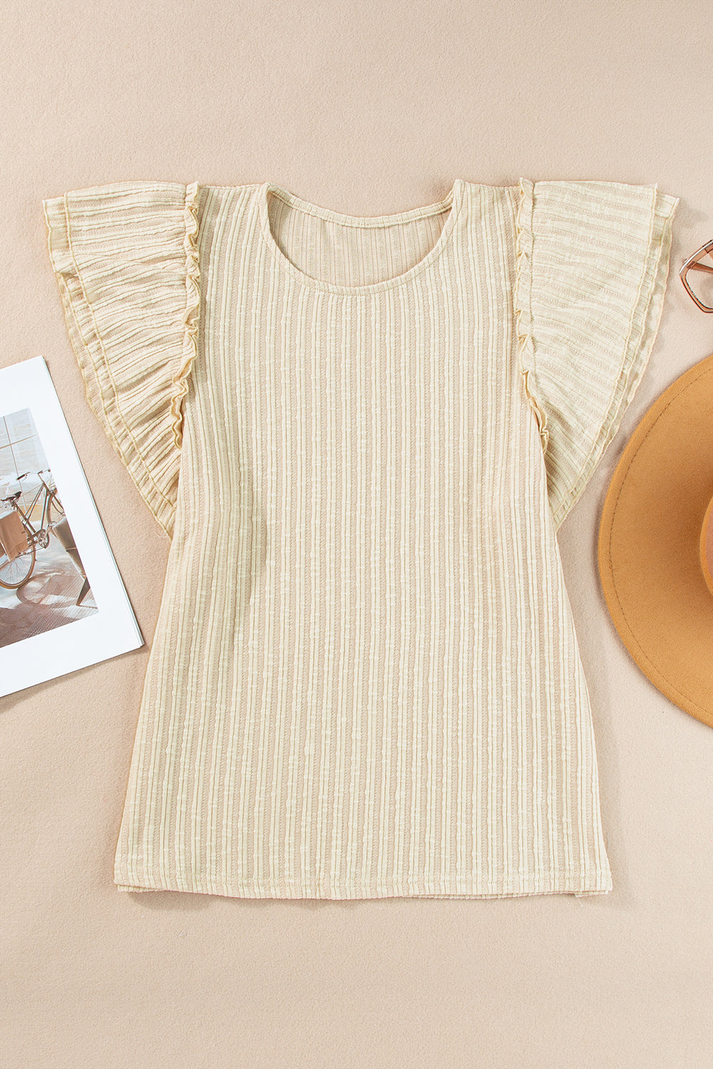 Beige Ruffled Rib Knitted Short Sleeve T Shirt