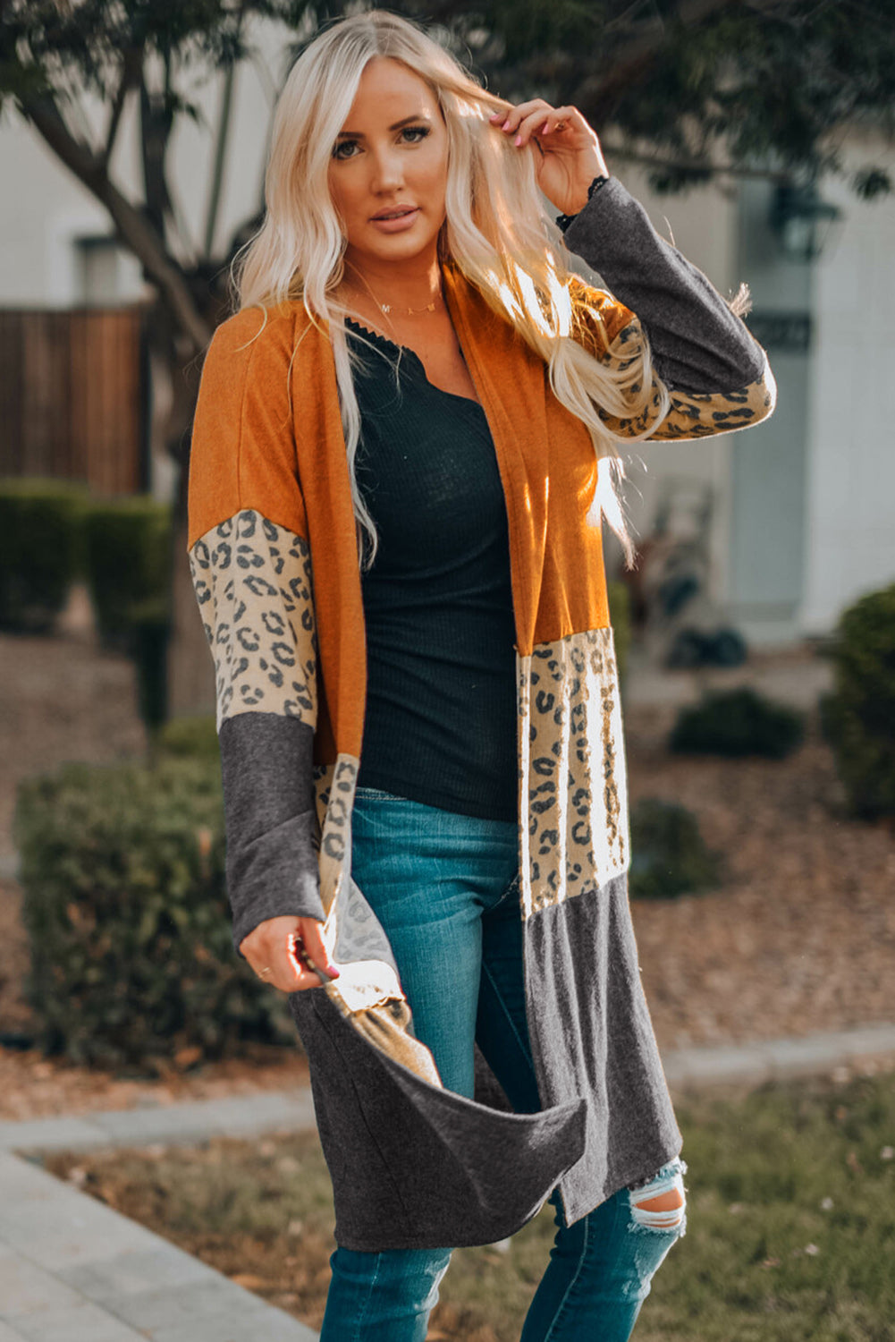 Colorblock Leopard Print Patchwork Knit Cardigan