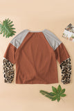 Leopard Long Sleeve Waffle Knit Blouse with Twist Knot