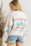 White Striped Christmas Tree Ribbed Trim Drop Shoulder Sweater