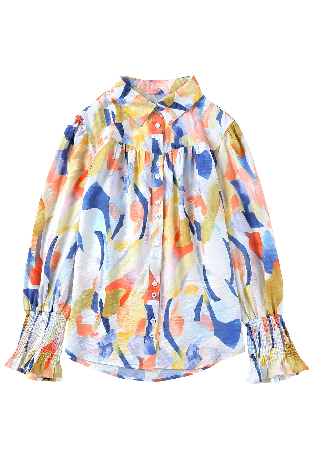 Chemise imprimée multicolore à col et poignets smockés 