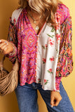 Multicolor Floral Patchwork Shirred Cuff Buttoned V Neck Blouse