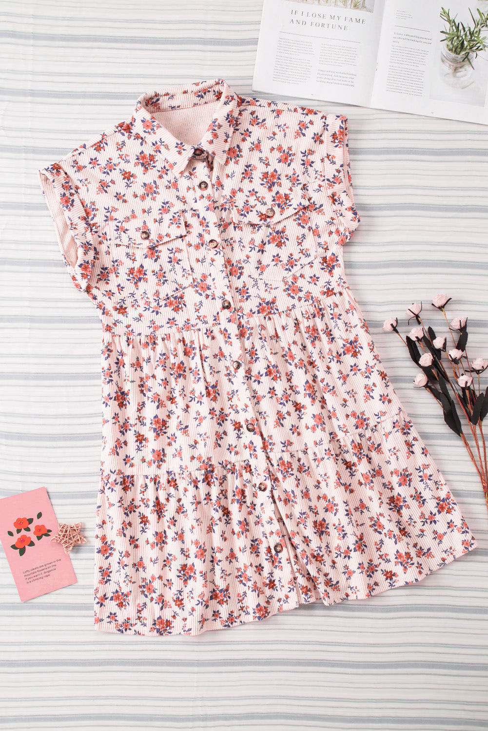 Short Sleeve Flap Pockets Shirt Floral Dress