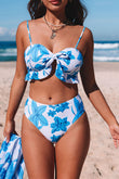 Tropical Ruffle Bikini High Waisted Swimsuit with Sarong