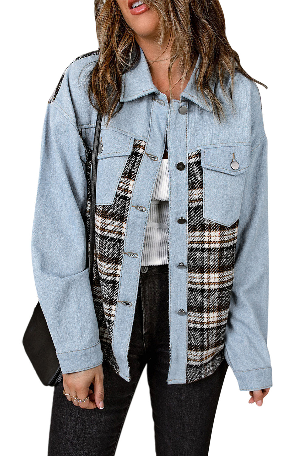 Plaid Patchwork Raw Hem Denim Jacket