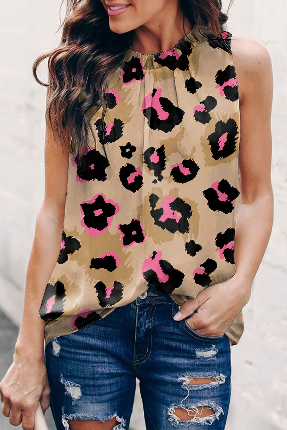 Pink Leopard Frilled Collar Printed Tank Top