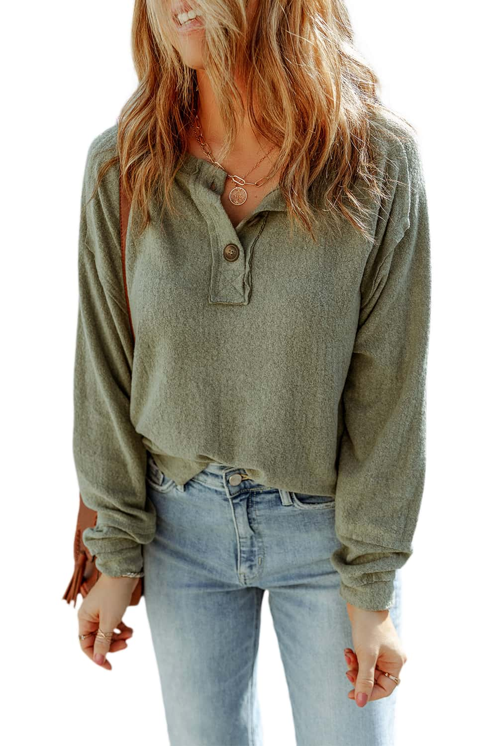 Green Button Split Neck Retro Patchwork Long Sleeve Top