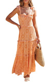 Boho Floral Print Lace-up Straps Tiered Smocked Maxi Dress