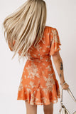 Wrapped V Neck Flutter Sleeve Floral Dress with Ruffle