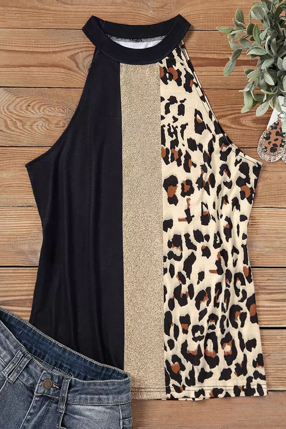 Leopard Color Block Casual Tank Top