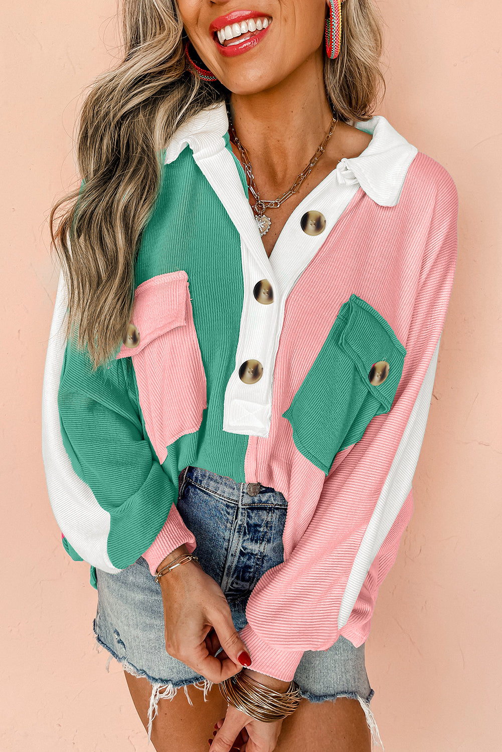 Pink Colorblock Ribbed Collared Oversized Sweatshirt