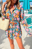 Floral Buttoned Collared Long Sleeve Mini Dress