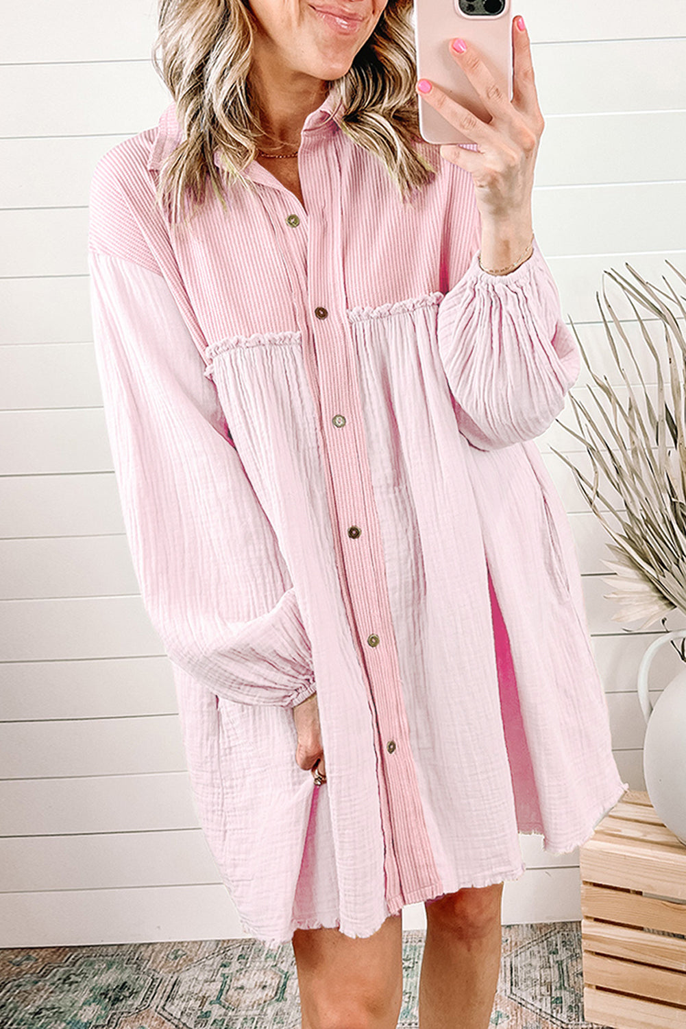 Patchwork Crinkle Puff Sleeve Shirt Dress